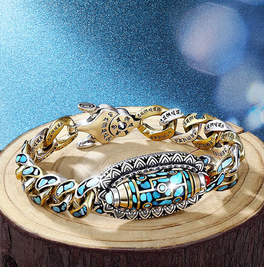 ✨Pulsera Dzi de Nueve Ojos con Mantra de Seis Personajes en Turquesa✨