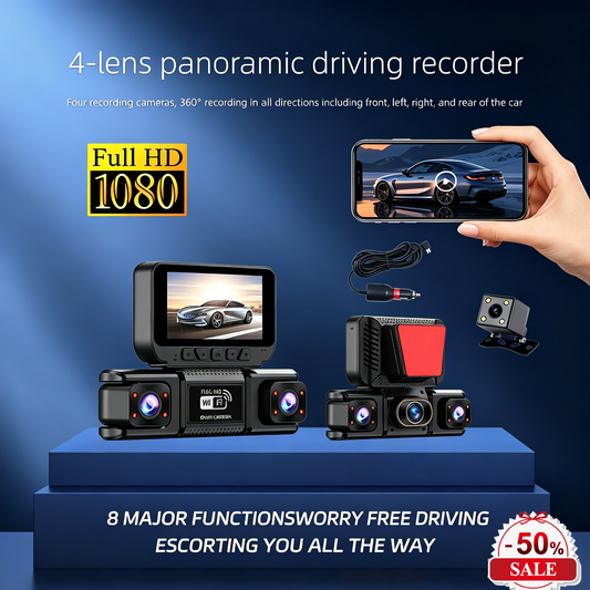🔥 ¡50% de descuento hasta agotar existencias! 🚗 Cámara para salpicadero Full HD 1080p con 4 cámaras y Wi-Fi
