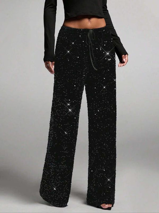 💖OFERTA DEL ÚLTIMO DÍA 50%🥰DE DESCUENTO Pantalones de pierna ancha de lentejuejas con purpurina de mujer y cinturilla elástica