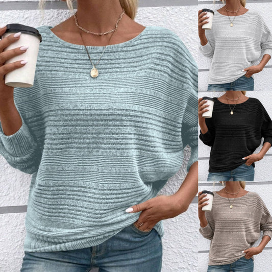 🌹Rebajas de otoño: 50 % de descuento🌹Top liso de cuello redondo a rayas con mangas largas