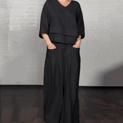 💎 Set de dos piezas de algodón y lino con dobladillo irregular – camiseta de escote en V + pantalones de pierna ancha, transpirable y con estilo 🍂👚 natural