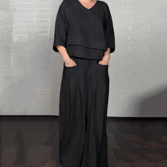 💎 Set de dos piezas de algodón y lino con dobladillo irregular – camiseta de escote en V + pantalones de pierna ancha, transpirable y con estilo 🍂👚 natural