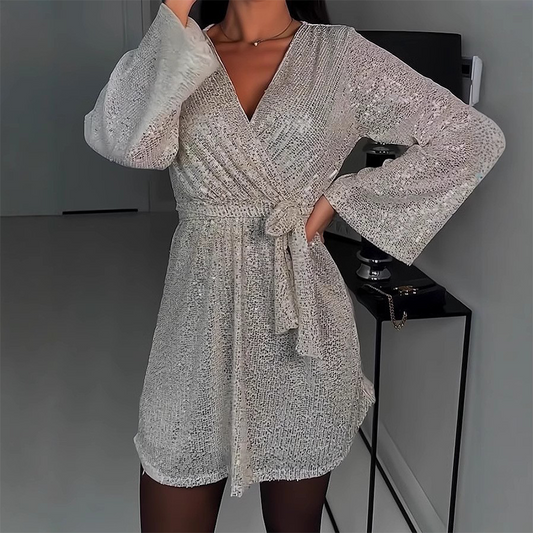 🔥Oferta por tiempo limitado: Vestido largo de manga larga con escote en V y lazo en la cintura para mujer