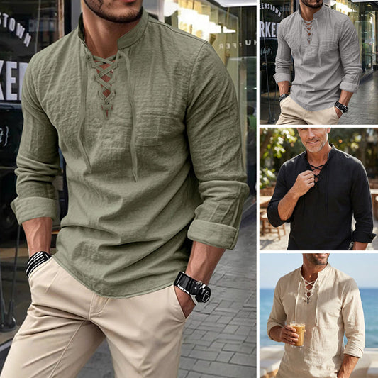 🔥Oferta Limitada🔥 Camisa Hombre Mezcla Algodón – Cuello Mao con Cordón, Transpirable, Puños Abotonados, Estilo Hippie Playa