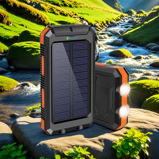 🔥Batería externa portátil de 10 000 mAh con energía solar, cargador solar con dos linternas LED, batería externa para viajes y acampadas.