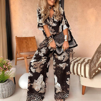 👚👖 Conjunto Casual de Mujer – Top de Cuello en V Estampado y Pantalones Largos, Estilo Cómodo y Moderno ✨💖