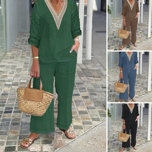 ⏰🔥 ¡50% DE DESCUENTO POR TIEMPO LIMITADO! 👚👖 Top de Cuello en V y Pantalón de Pierna Ancha – Cómodo, Chic y Perfecto para Mujer ✨💖