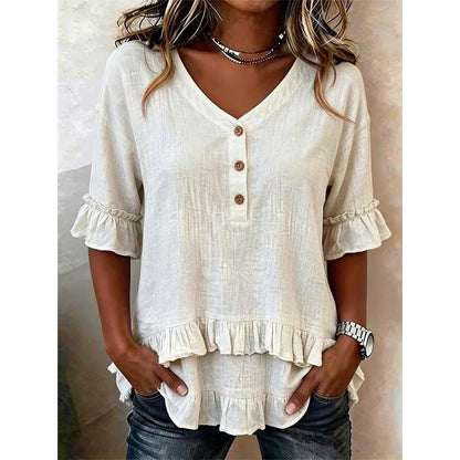 💕Top de mujer con escote en V y bajo con volantes: ¡la prenda que te favorecerá todos los días!✨