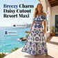 Vestido de resort impreso de margarita de corte de cintura fuera del hombro de las mujeres