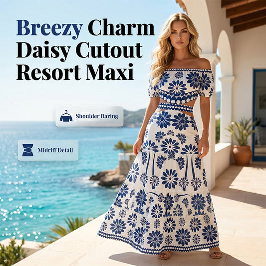 Vestido de resort impreso de margarita de corte de cintura fuera del hombro de las mujeres