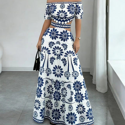 Vestido de resort impreso de margarita de corte de cintura fuera del hombro de las mujeres