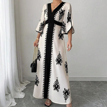 ✨👗 ¡OFERTA 50% OFF! Vestido Largo con Escote en V y Estampado Étnico – Elegancia y Estilo