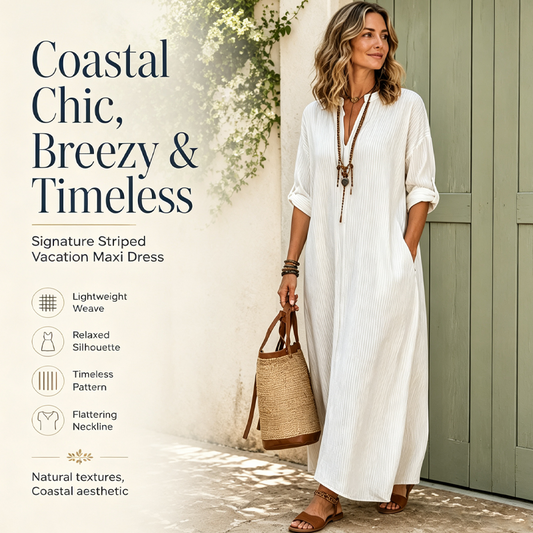 👗✨ ¡OFERTA 50% OFF! Vestido Maxi de Mujer con Rayas y Cuello en V – Elegante, Fresco y Perfecto para Verano 🌸