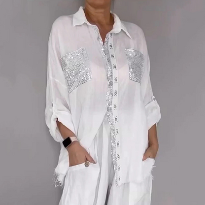 ✨👗 ¡OFERTA 50% OFF! Conjunto de Camisa de Lentejuelas y Pantalón de Pierna Ancha para Mujer – Elegancia Brillante y Estilo Sofisticado 💎