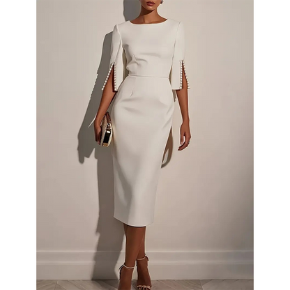 👗✨ ¡OFERTA 50% OFF! Vestido Midi Elegante para Mujer con Mangas de Perlas – Estilo Sofisticado, Cómodo y Perfecto para Oficina y Cena 💎🌸