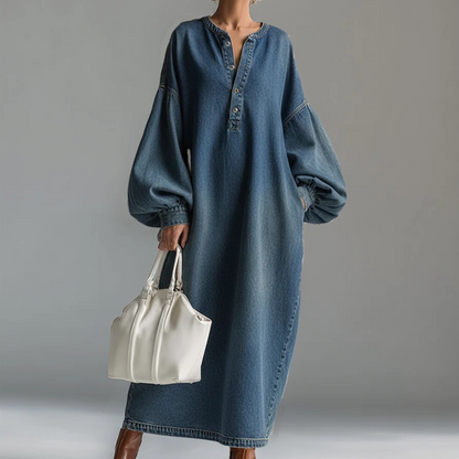 ⌛Oferta por tiempo limitado: Maxi vestido vaquero para mujer con mangas largas abullonadas