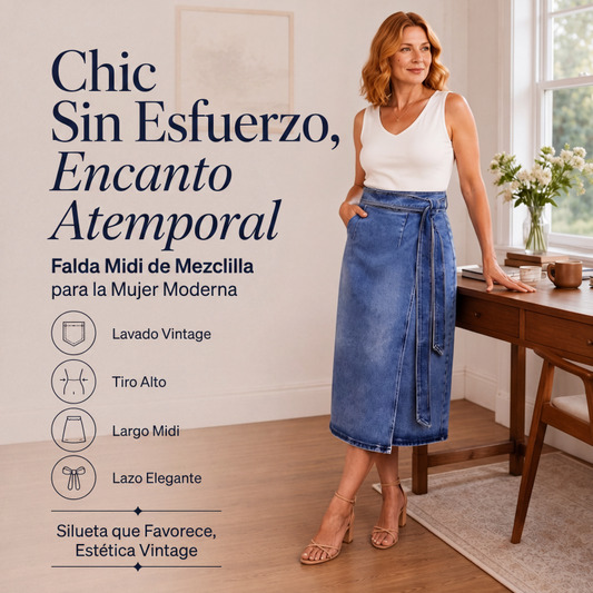 ✨🛍️Novedad: Falda cruzada de mezclilla estilo vintage – Cierre lateral ajustable con lazada y versátil largo midi, ideal para el día y la noche.