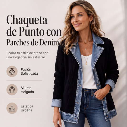 ⏰🔥 ¡OFERTA 50% OFF! 🧥✨ Cazadora de Punto con Parches de Mezclilla para Mujer – Estilo Urbano, Cómodo y Sofisticado 🍂