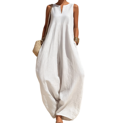 ⏰🔥 ¡OFERTA 50% OFF! 👗✨ Mono de Lino de Pierna Ancha para Mujer – Cuello en V, Corte Holgado y Comodidad Fresca para el Verano