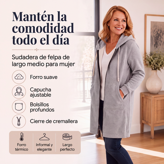 ⏰🔥 ¡OFERTA 50% OFF! 💕🧥 Sudadera con Capucha Larga para Mujer – Forro Polar, Bolsillos y Diseño Tipo Túnica para Mantenerte Cálida y Cómoda ❄️✨