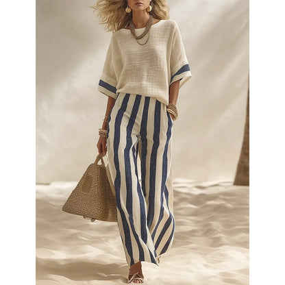 ⏰🔥 ¡OFERTA 50% OFF! 👗✨ Conjunto informal de dos piezas de rayas con pantalones de pierna ancha para mujer
