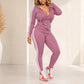 Conjunto de sudadera con capucha y cremallera a rayas para mujer, con pantalones a juego
