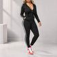 Conjunto de sudadera con capucha y cremallera a rayas para mujer, con pantalones a juego
