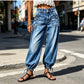 Jeans de tiro alto elásticos tipo barril para mujer