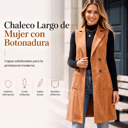 Chaleco largo de mujer con botones y bolsillos