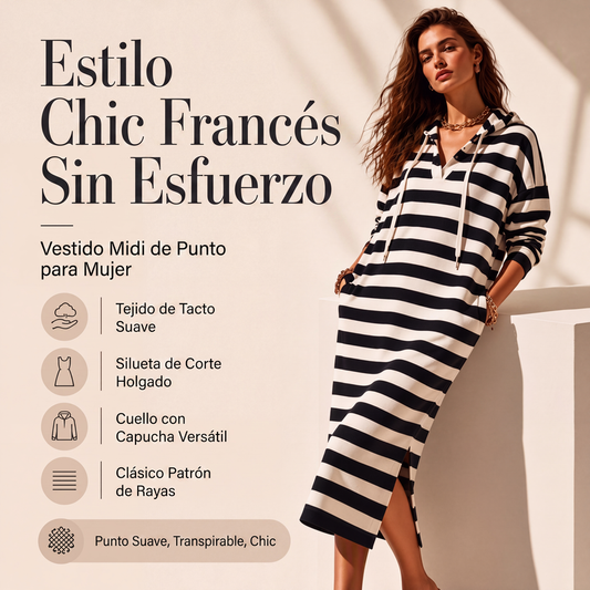 Vestido sudadera con capucha a rayas informal para mujer
