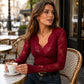 Top de encaje floral con cuello en V sexy para mujer