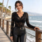 Top de encaje floral con cuello en V sexy para mujer