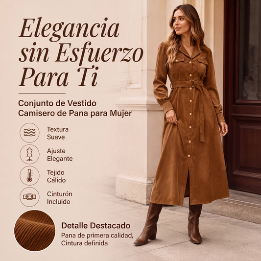Vestido camisero midi de pana para mujer con cinturón