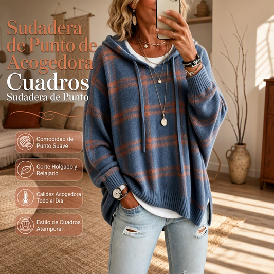 ⏰🔥 ¡OFERTA 50% OFF! 👚✨Jersey de punto con capucha de cuadros retro para mujer