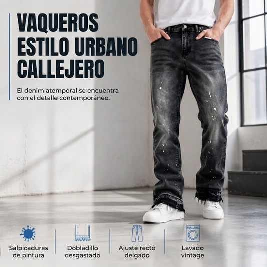 Vaqueros de mezclilla desgastados con salpicaduras de pintura, estilo urbano callejero para hombre