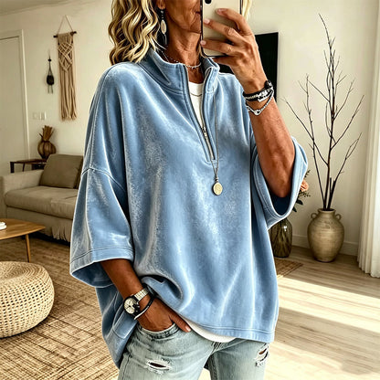 Top de terciopelo con cuello de media cremallera y manga 3/4 para mujer