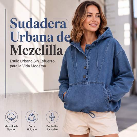 Sudadera con capucha de mezclilla casual de botones para mujer