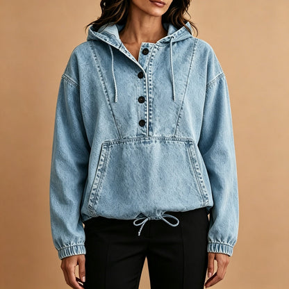 Sudadera con capucha de mezclilla casual de botones para mujer