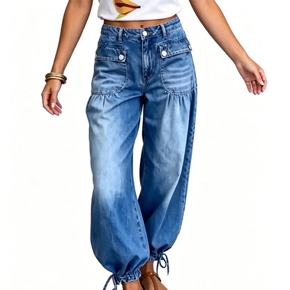 ⏰🔥 ¡OFERTA 50% OFF! 👖✨Jeans de mujer de talle alto estilo globo con puños con cordón