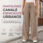 Pantalones de pierna ancha de punto canalé para mujer
