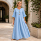 Vestido largo de mujer con cuello en V y mangas con volantes