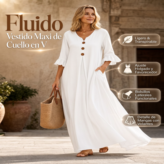 Vestido largo de mujer con cuello en V y mangas con volantes