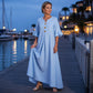Vestido largo de mujer con cuello en V y mangas con volantes