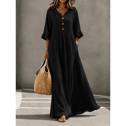 Vestido largo de mujer con cuello en V y mangas con volantes