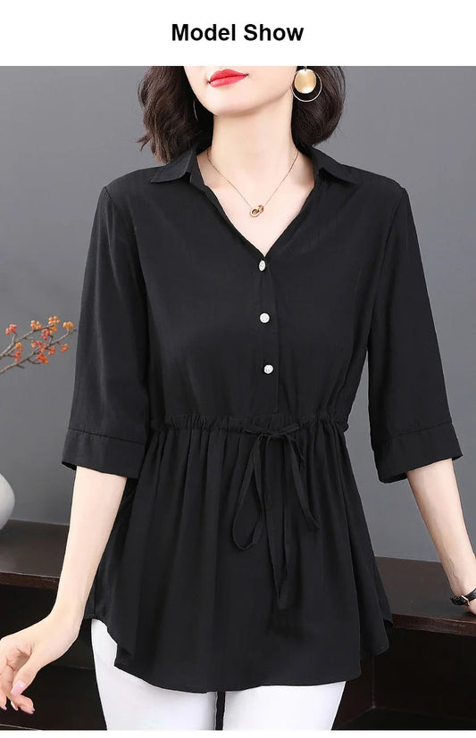 Women’s loose V neck mid-length shirt