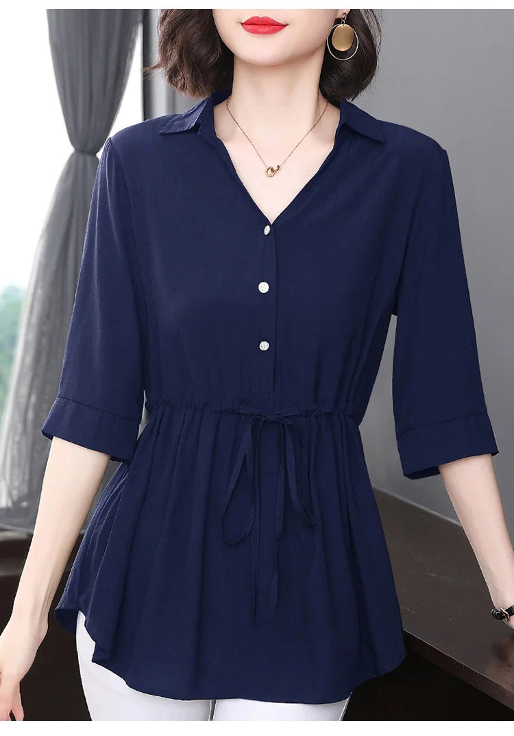 Women’s loose V neck mid-length shirt