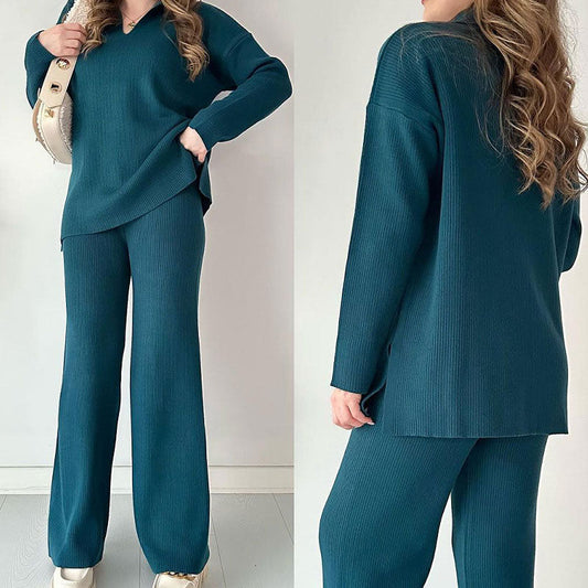 🎁50% de descuento✨Cómodo traje de punto elástico con cuello en V para mujer (top + pantalones)